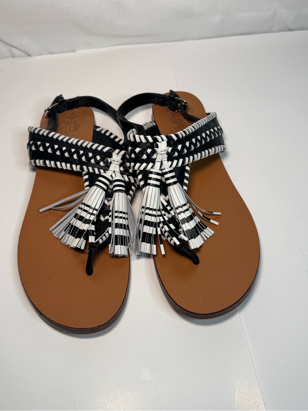 Vince Camuto Black and White Braided Tassel Thong Sandals